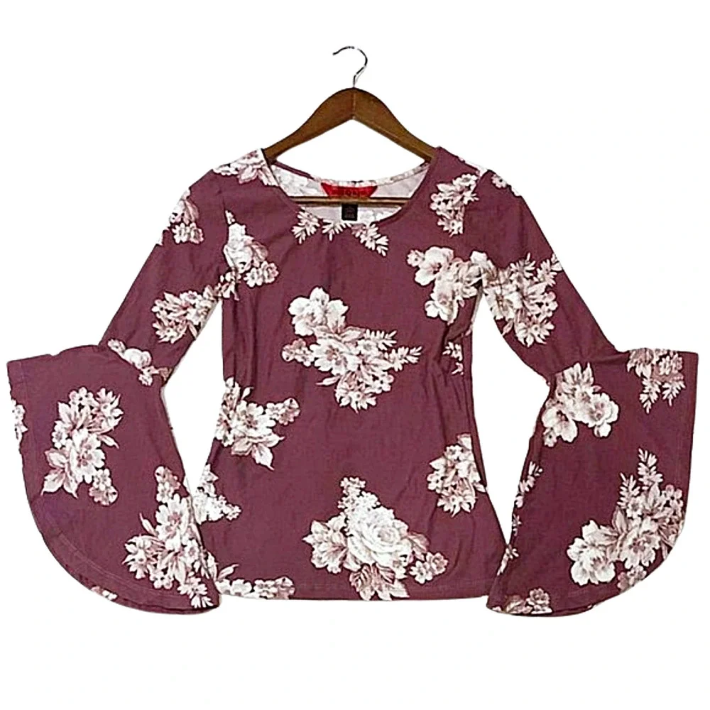 $10 CLEARANCE! Hot Kiss Mauve Velvet Rose Bell Sleeve Top - Picture 1 of 10